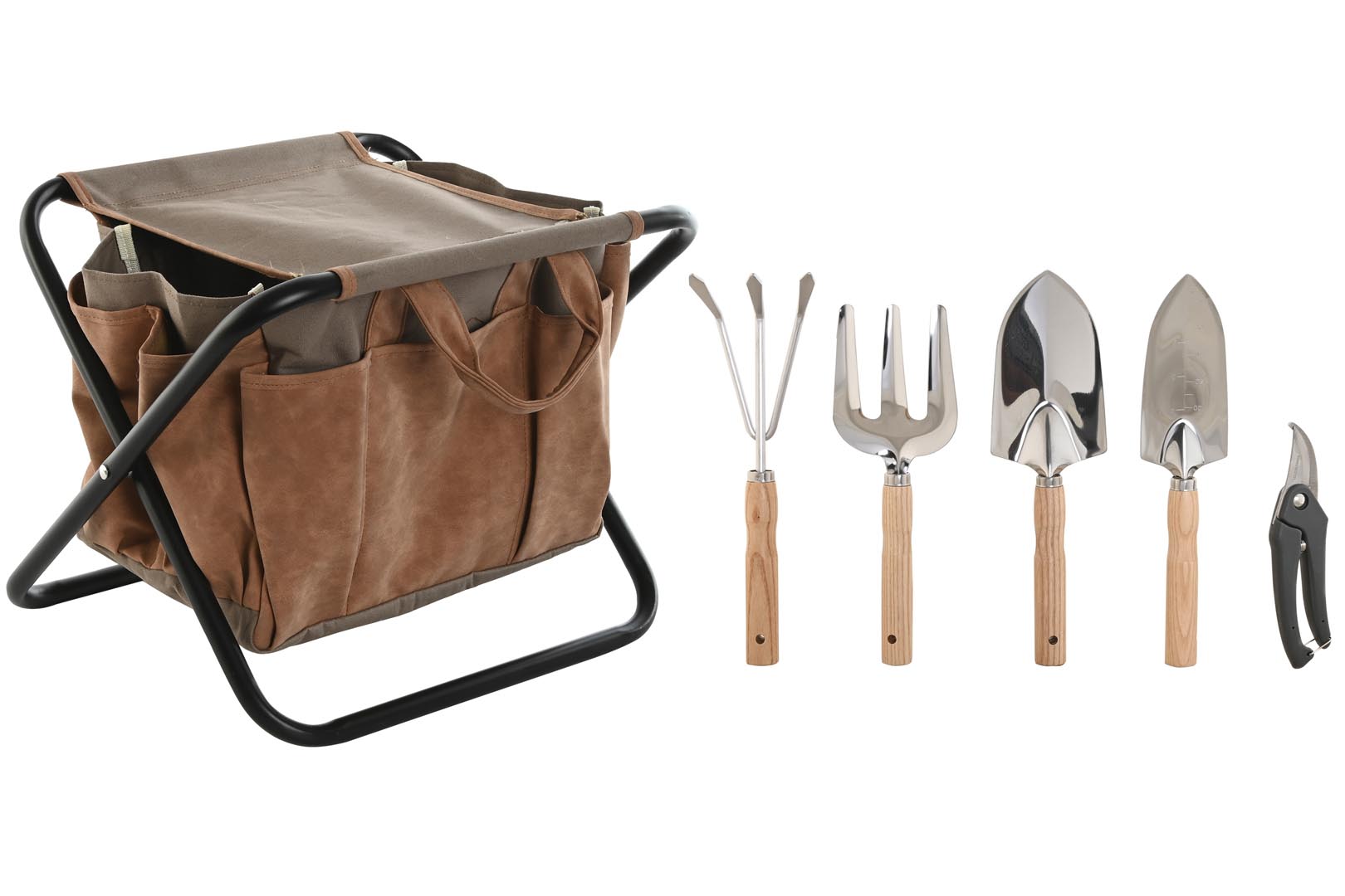 Dekodonia SET UTENSILIOS JARDINERÍA CON TABURETE MARRÓN