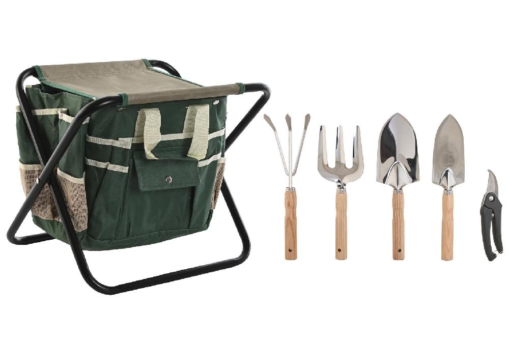 Dekodonia SET UTENSILIOS JARDINERÍA CON TABURETE VERDE