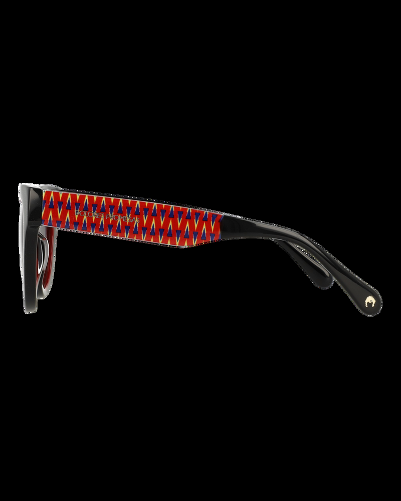 Dolores Promesas Gafa Ovalada Negra Con Aro Burdeos Y Estampado De Pirámides