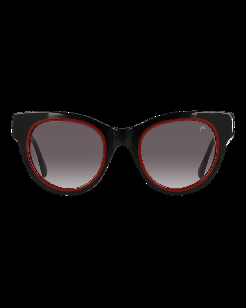 Dolores promesas Gafa ovalada negra con aro burdeos y estampado de pirámides