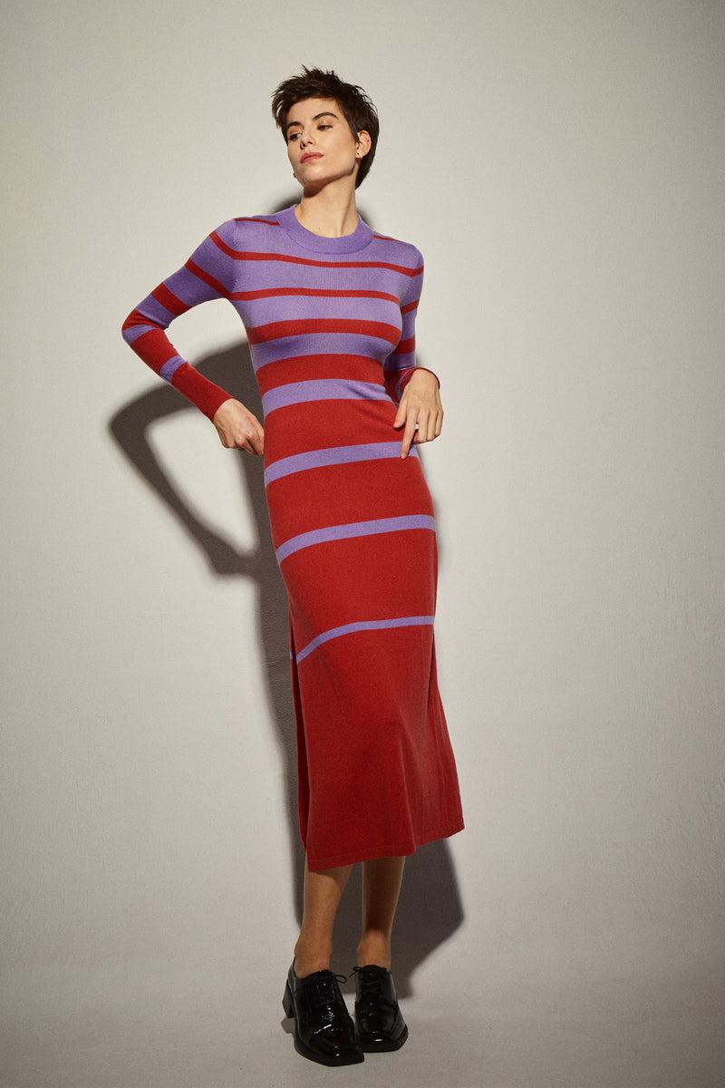 Dolores Promesas Vestido Punto Rayas Lavanda Y Rojo