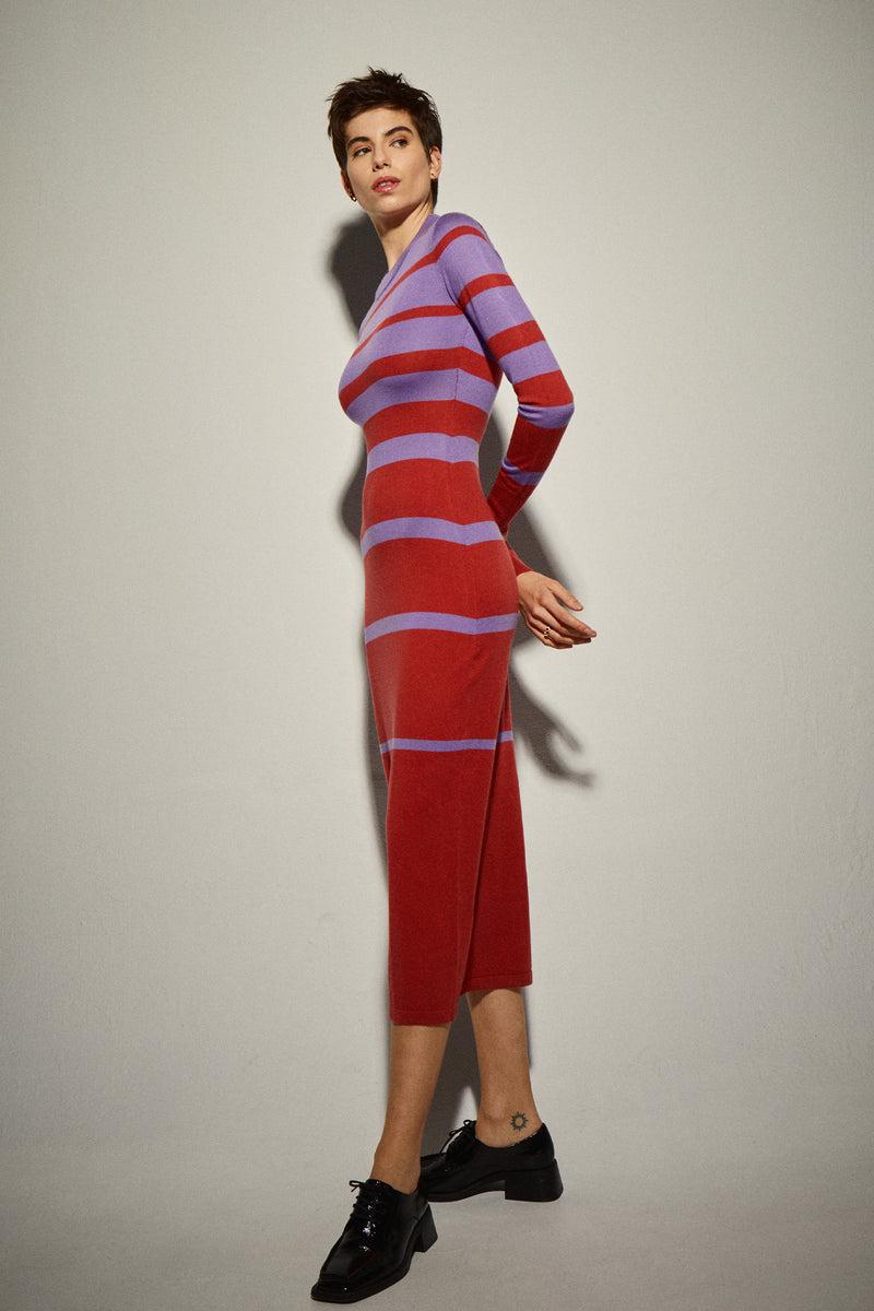 Dolores Promesas Vestido Punto Rayas Lavanda Y Rojo