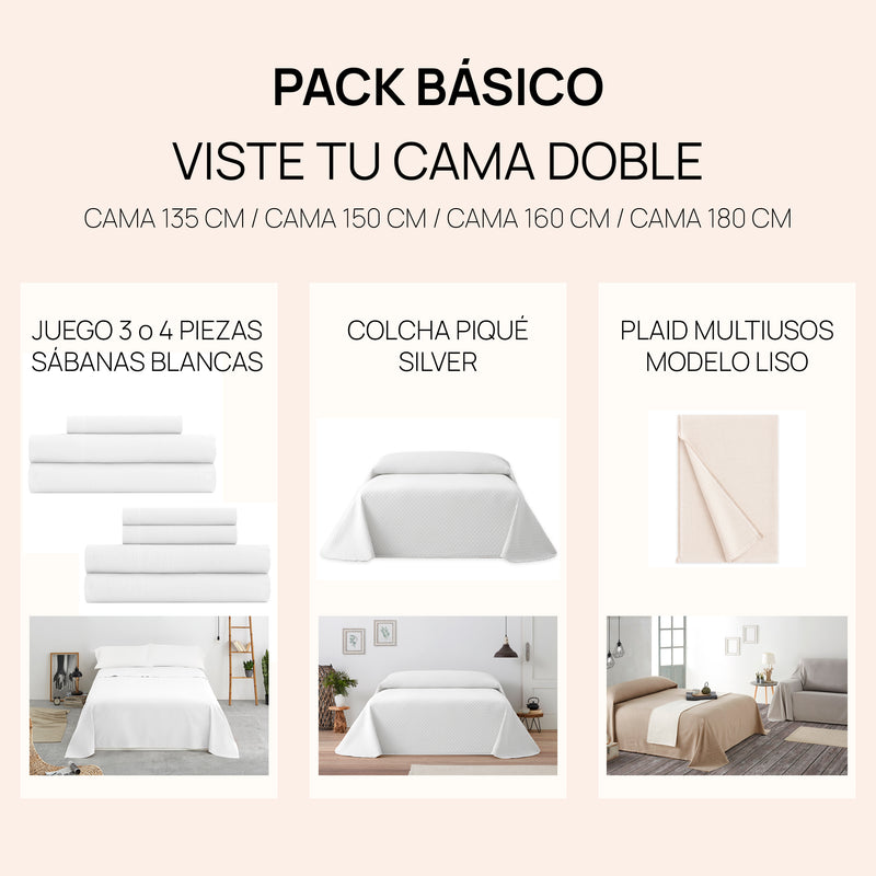 Eiffel textile Pack Básico Viste tu Cama Doble - Sábanas blancas + Colcha Silver + Plaid Liso