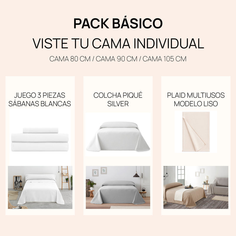 Eiffel textile Pack Básico Viste tu Cama Individual - Sábanas blancas + Colcha Silver + Plaid Liso