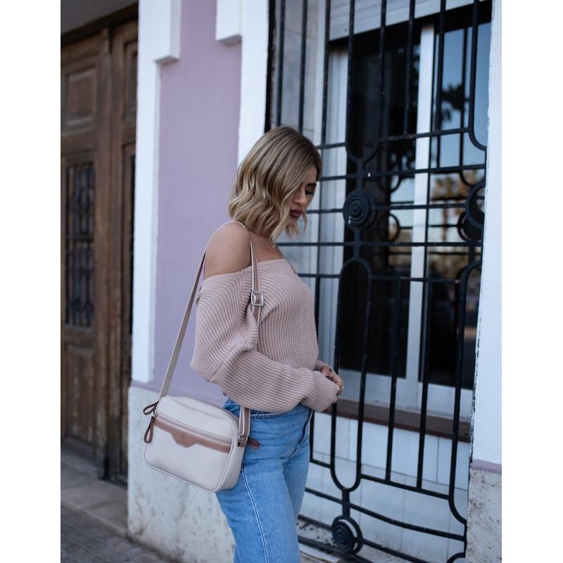 El potro Bolso bandolera cremalleras mujer en lona y piel vacuno color beige - Base