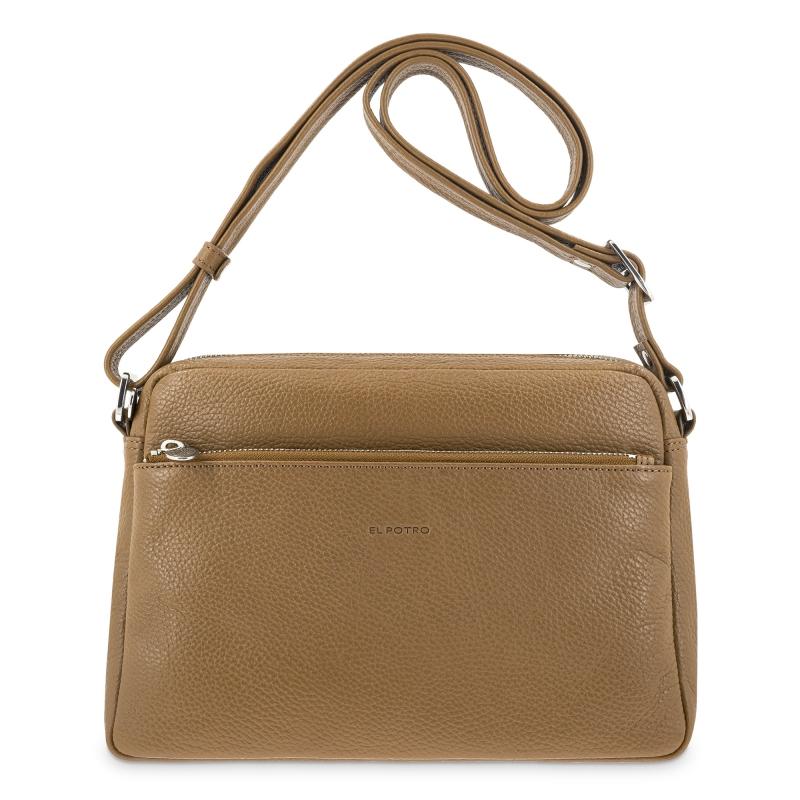 El potro Bolso bandolera grande de 3 cremalleras mujer en piel vacuno color cuero- I R I S