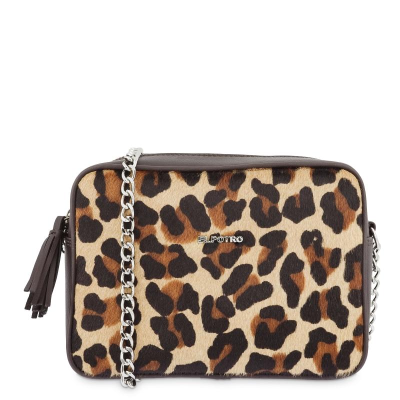 El potro Bolso Bandolera mujer en piel vacuno y lona color marrón - leopardo
