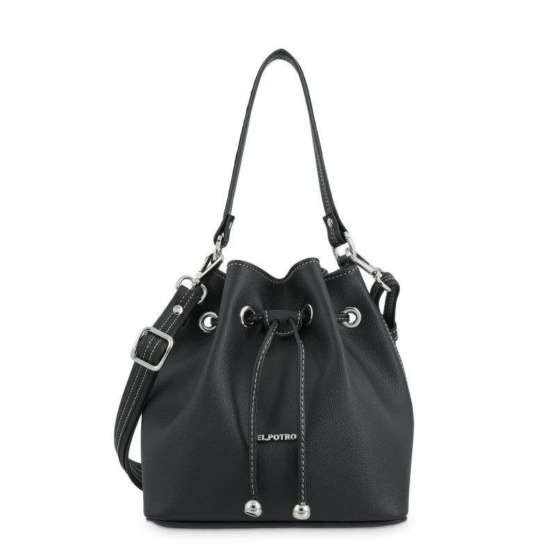 El potro Bolso Saco pequeño mujer en lona y piel vacuno color negro -Angula