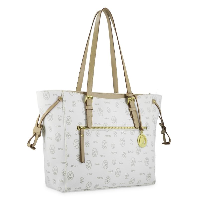 El Potro Bolso Shopper De Lona Blanco Y Piel Vacuna Cuero Con Logos-EL POTRO