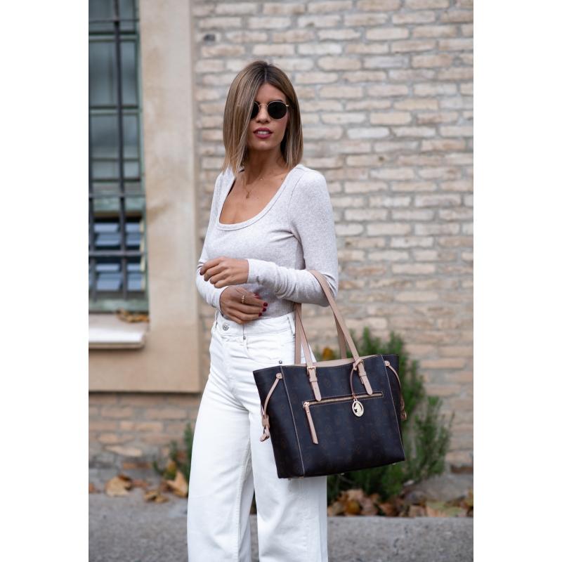 El Potro Bolso Shopper De Lona Marrón Y Piel Vacuna Cuero Con Logos-EL POTRO