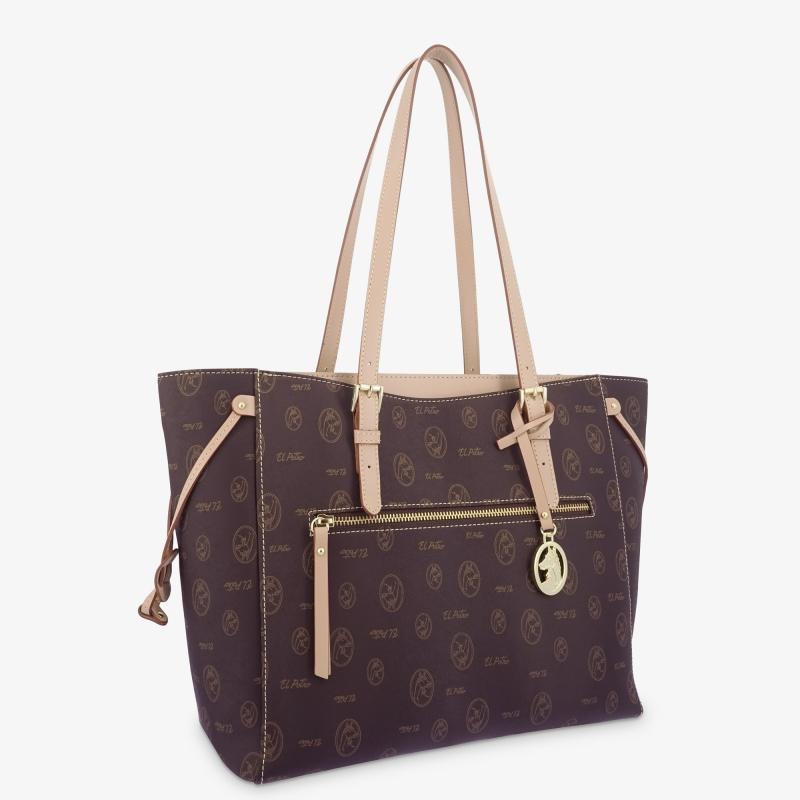 El Potro Bolso Shopper De Lona Marrón Y Piel Vacuna Cuero Con Logos-EL POTRO