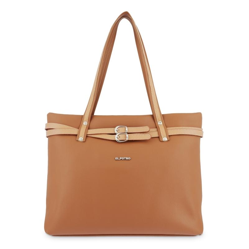 El potro Bolso Tote mujer en lona y piel vacuno color cuero-Angula