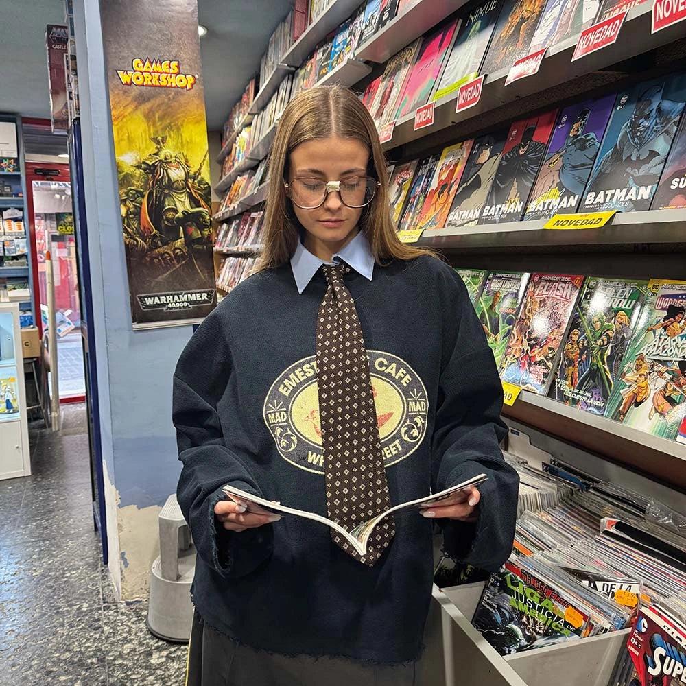 Eme Whiz Cafe Navy Reverse Crewneck