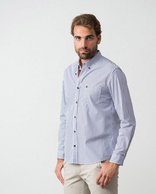 Etiem Camisa De Rayas Bicolor Regular Fit En Algodón Y Con Botón En El Cuello
