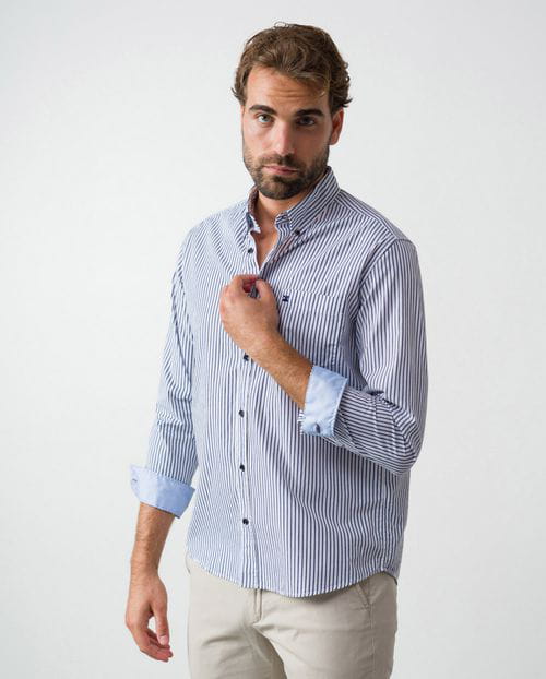Etiem Camisa De Rayas Bicolor Regular Fit En Algodón Y Con Botón En El Cuello