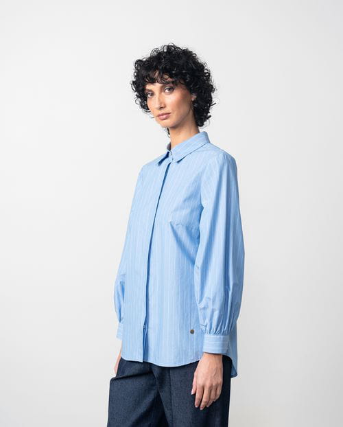Etiem Camisa En Popelín Azul De Rayas Con Manga Abullonada