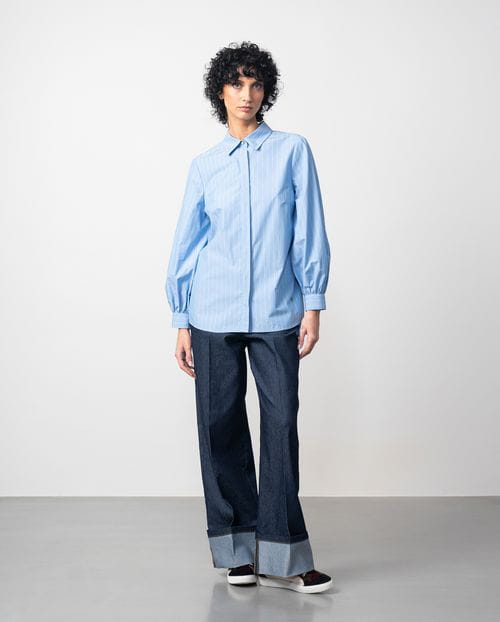 Etiem Camisa En Popelín Azul De Rayas Con Manga Abullonada