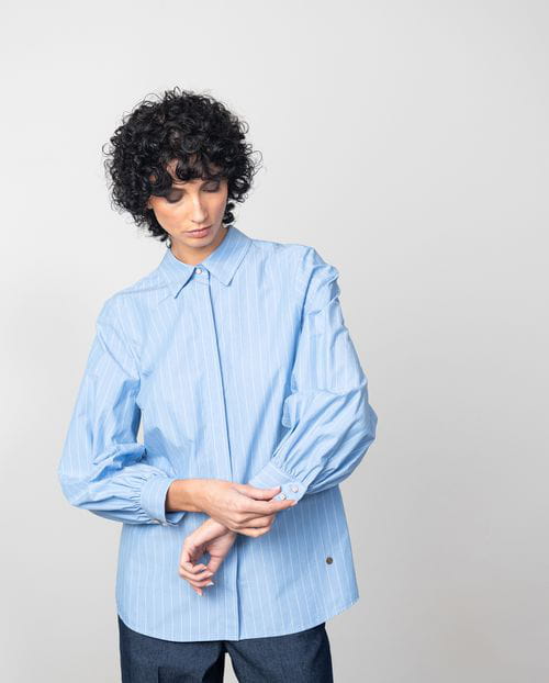Etiem Camisa En Popelín Azul De Rayas Con Manga Abullonada