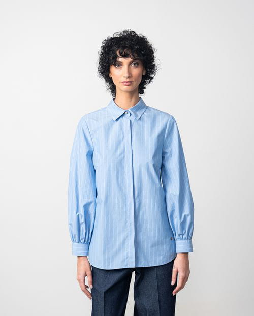 Etiem Camisa en popelín azul de rayas con manga abullonada