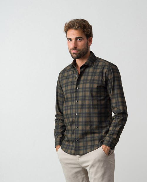 Etiem Camisa sport slim fit en algodón con estampado de cuadro madrás