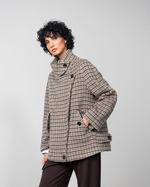 Etiem Chaquetón de cuello chimenea en lana de cuadros de doble faz