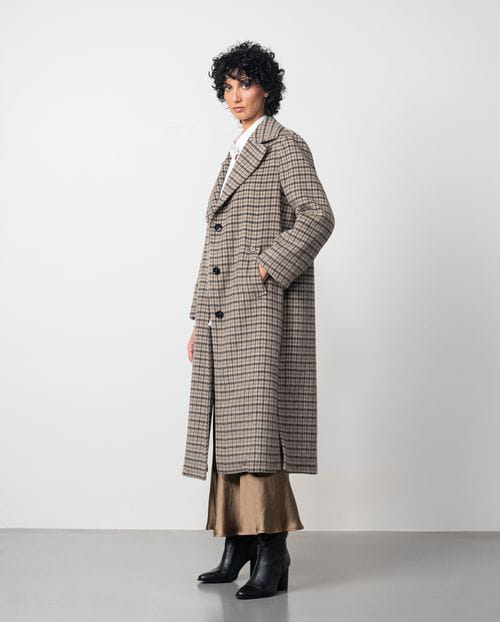 Etiem Abrigo Largo En Cuadro De Lana De Doble Faz