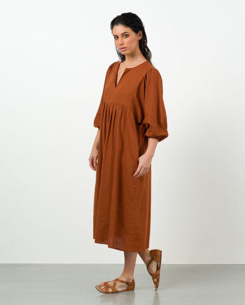 Etiem Vestido Midi De Vuelo Con Manga Abullonada