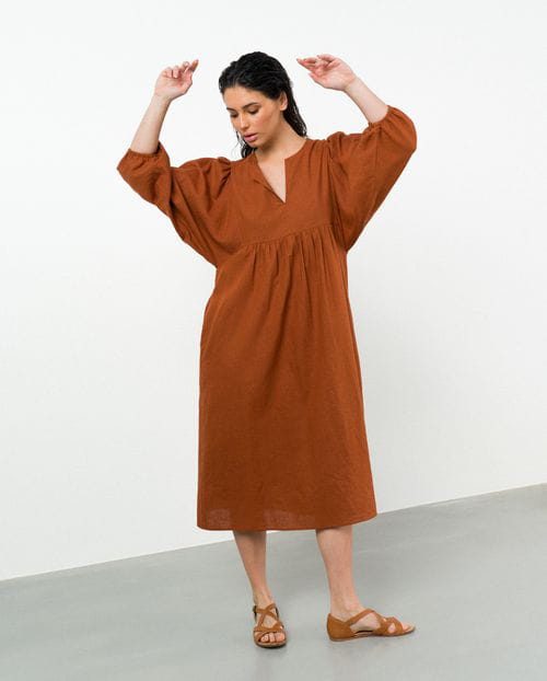 Etiem Vestido Midi De Vuelo Con Manga Abullonada