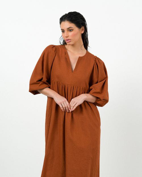 Etiem Vestido Midi De Vuelo Con Manga Abullonada