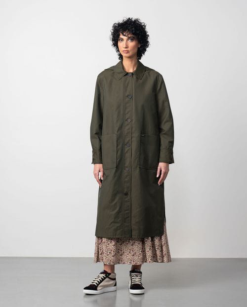 Etiem Gabardina Larga Con Capucha Desmontable En Sarga De Algodón Repelente Al Agua