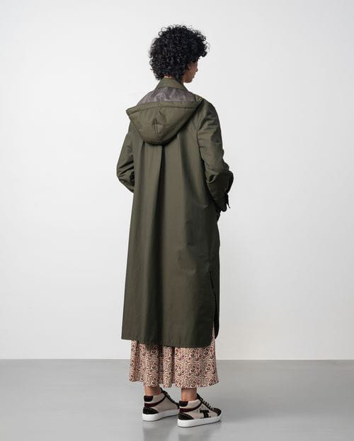 Etiem Gabardina Larga Con Capucha Desmontable En Sarga De Algodón Repelente Al Agua