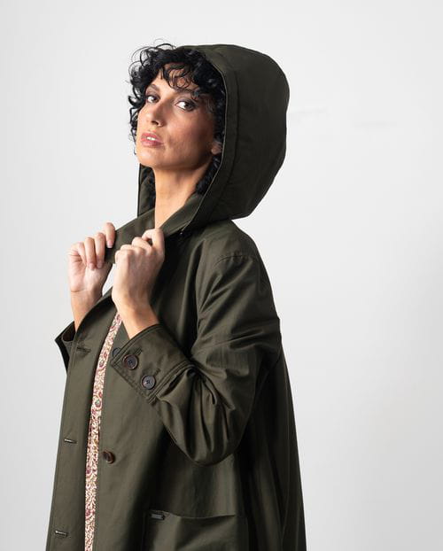 Etiem Gabardina Larga Con Capucha Desmontable En Sarga De Algodón Repelente Al Agua