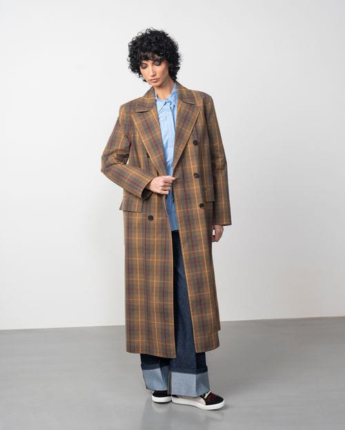 Etiem Gabardina Larga Tipo Trench En Cuadros De Algodón Con Acabado Encerado