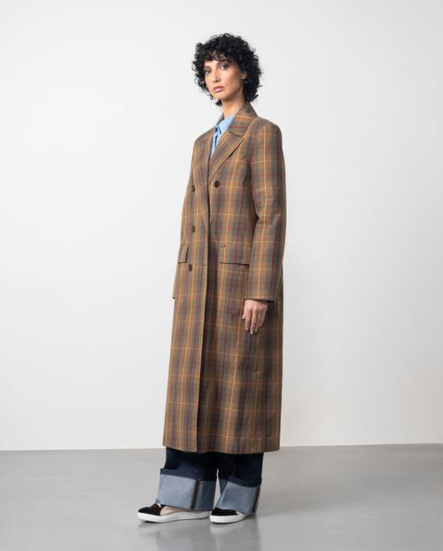 Etiem Gabardina larga tipo trench en cuadros de algodón con acabado encerado