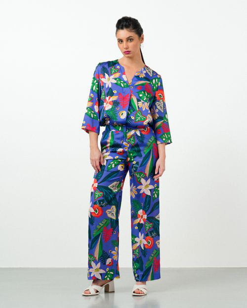 Etiem Pantalón ancho de cintura elástica en estampado satinado