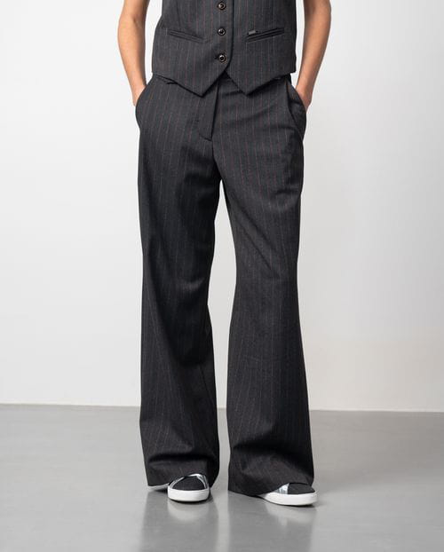 Etiem Pantalón Ancho De Pinzas Y Relojera En Sarga Afranelada Con Raya Diplomática