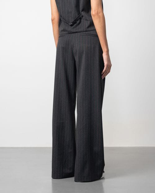 Etiem Pantalón Ancho De Pinzas Y Relojera En Sarga Afranelada Con Raya Diplomática