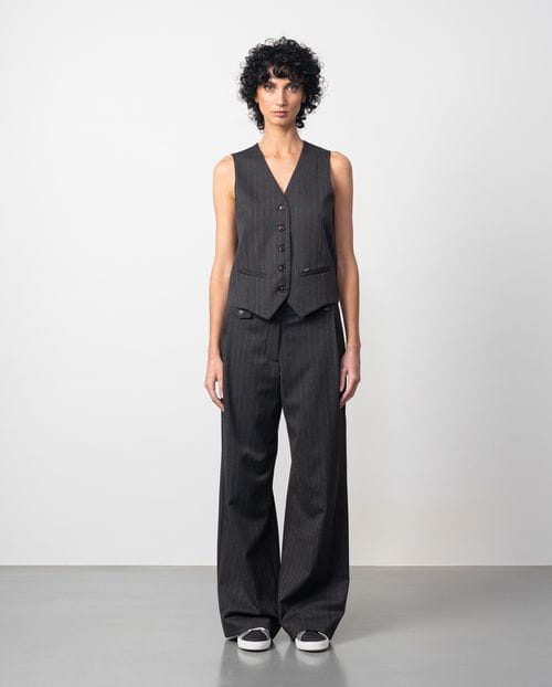 Etiem Pantalón ancho de pinzas y relojera en sarga afranelada con raya diplomática