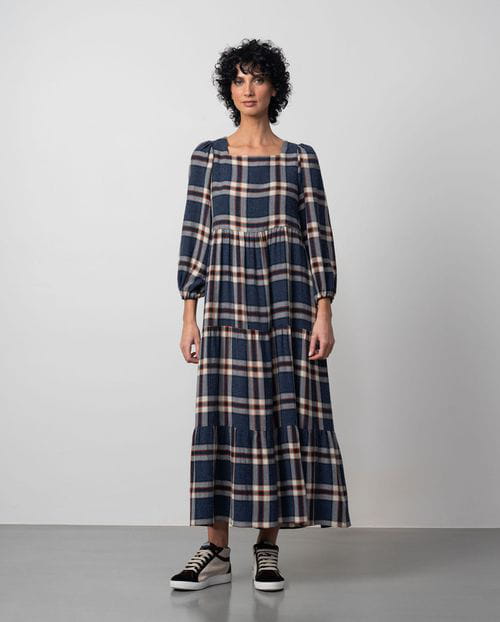 Etiem Vestido Largo Fruncido En Lana-viscosa De Cuadros Madrás