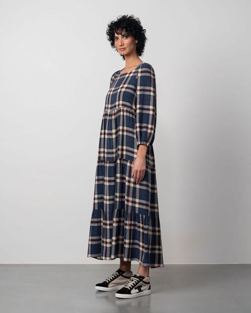 Etiem Vestido Largo Fruncido En Lana-viscosa De Cuadros Madrás