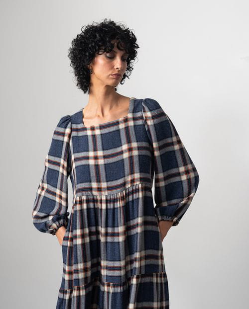 Etiem Vestido Largo Fruncido En Lana-viscosa De Cuadros Madrás