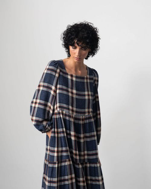 Etiem Vestido largo fruncido en lana-viscosa de cuadros Madrás