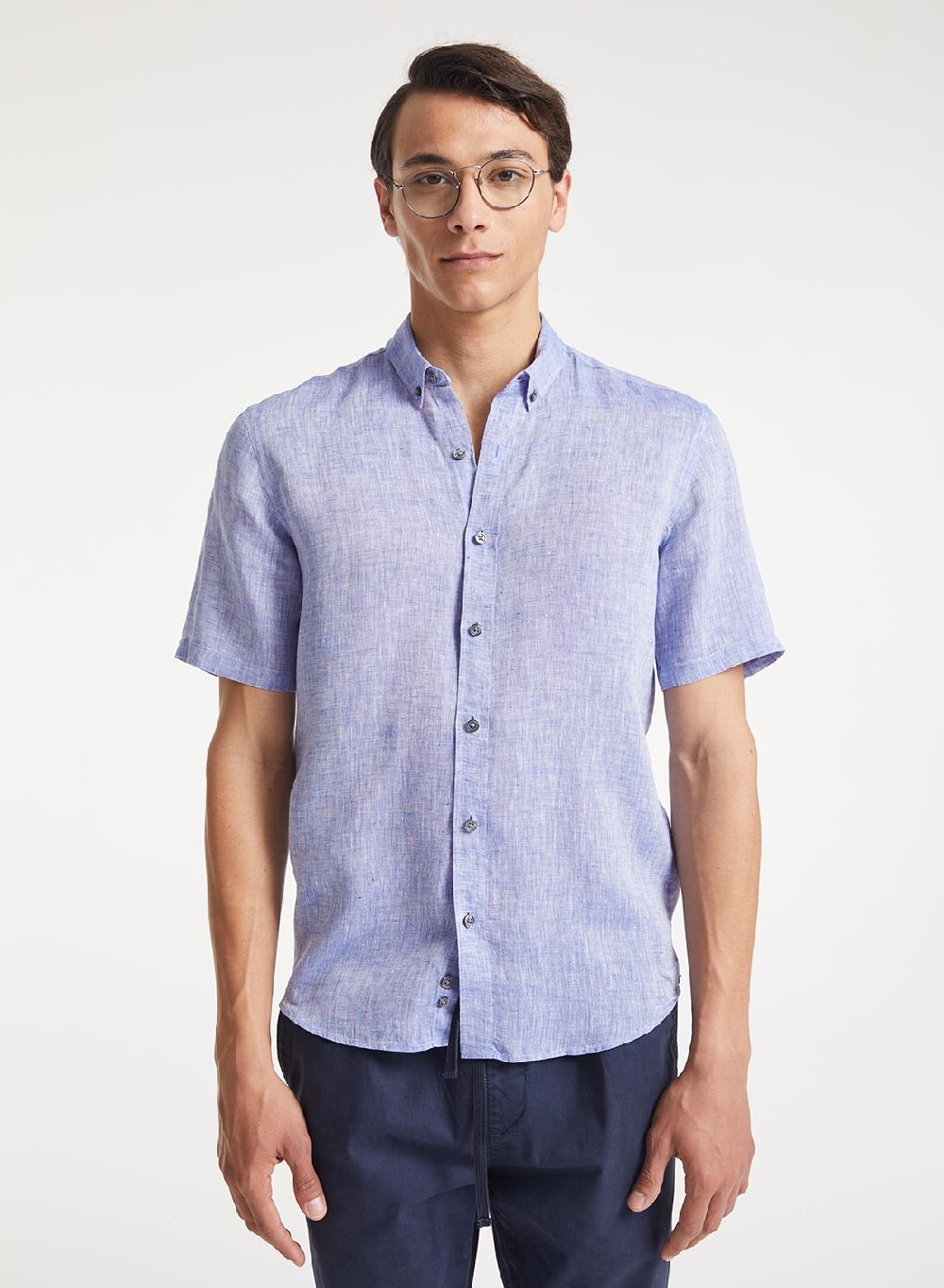 Etiqueta Negra Camisa Manga Corta Lino Lavado Button Down