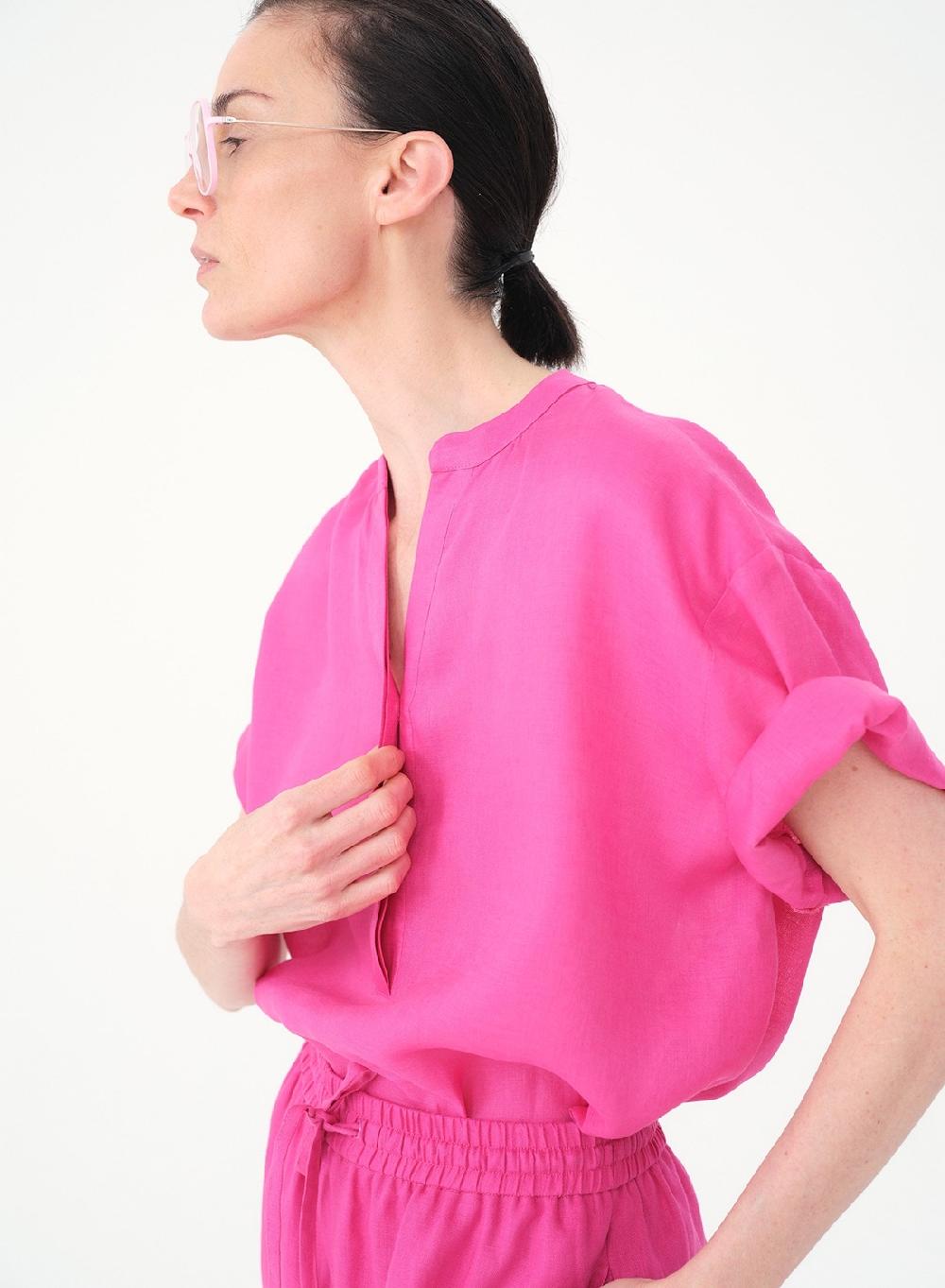 Etiqueta Negra Camisa Mao Manga Corta Lino