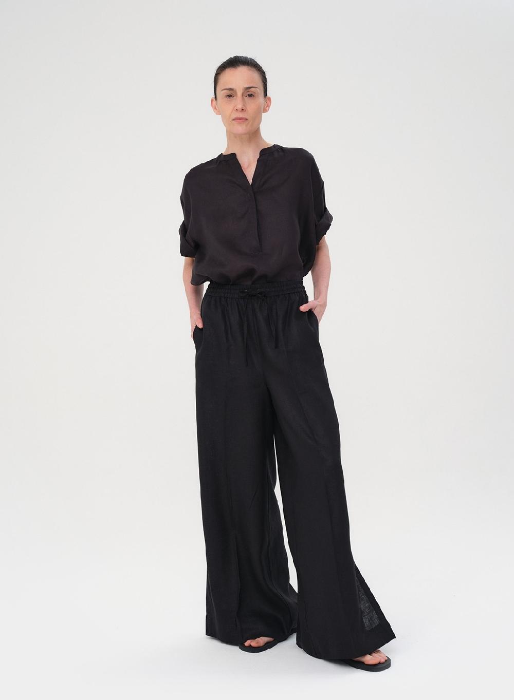 Etiqueta Negra Camisa Mao Manga Corta Lino