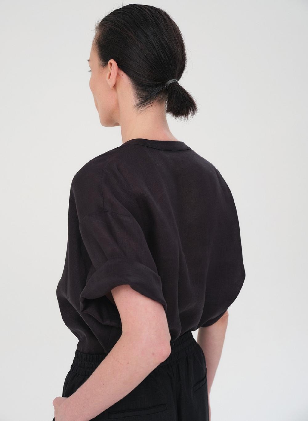 Etiqueta Negra Camisa Mao Manga Corta Lino