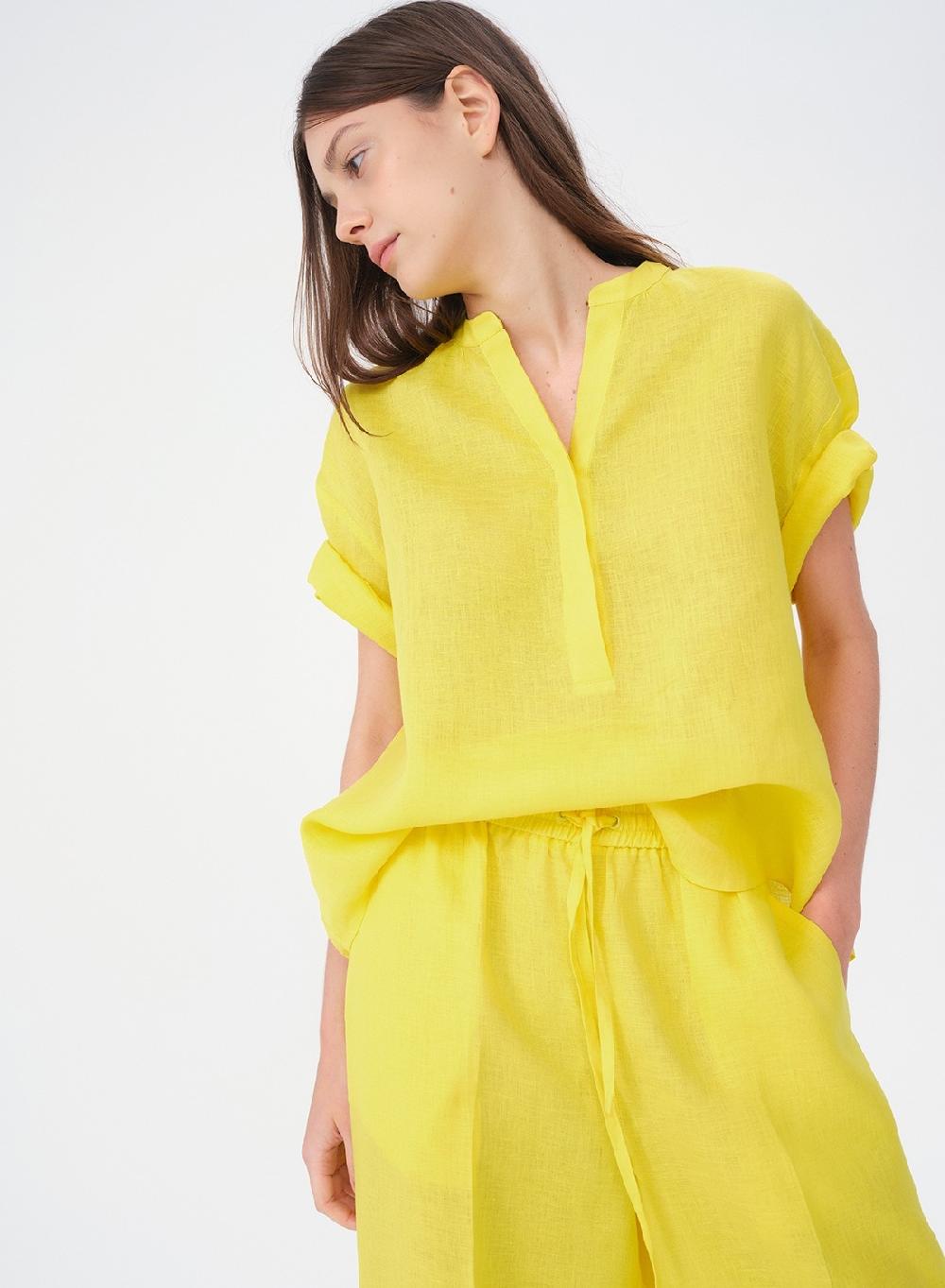 Etiqueta negra Camisa mao manga corta lino