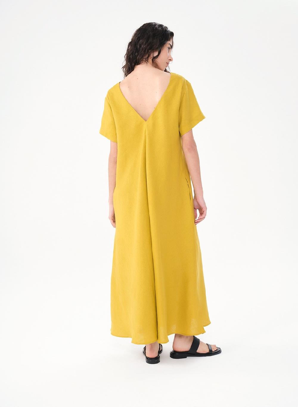 Etiqueta Negra Vestido Manga Corta Largo Lino