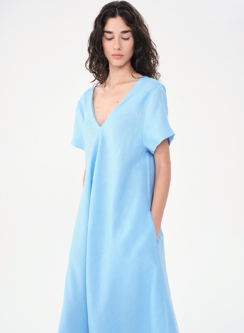 Etiqueta Negra Vestido Manga Corta Largo Lino