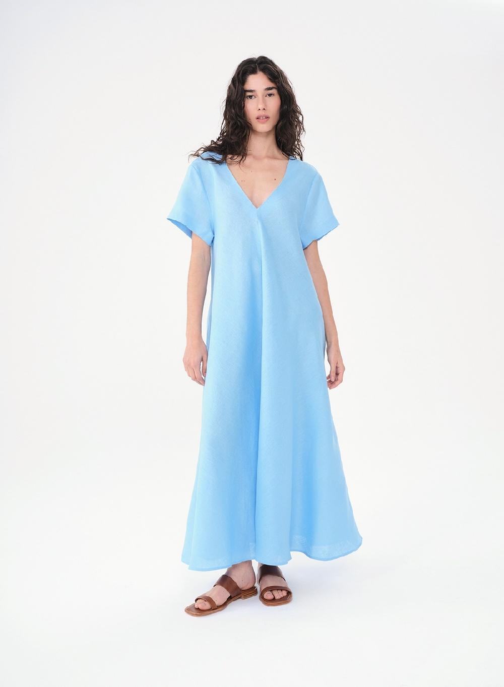 Etiqueta Negra Vestido Manga Corta Largo Lino